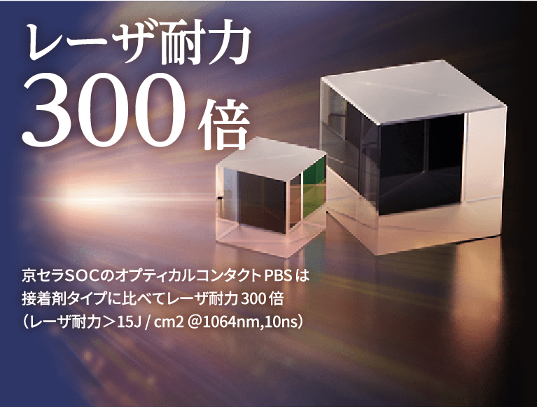 レーザ耐力300倍 京セラＳＯＣのオプティカルコンタクトPBSは接着剤タイプに比べてレーザ耐力300倍 （レーザ耐力＞15J / cm2 ＠1064nm,10ns）